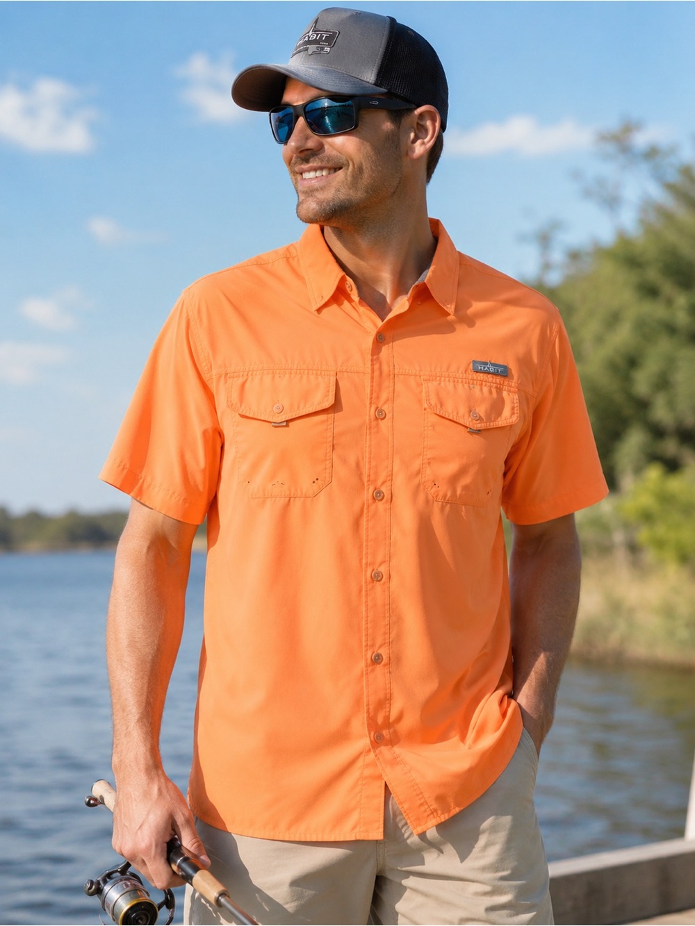 Habit Solar-Factor UPF Fishing Shirt Vented Orange Short Sleeve Large